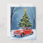 Antieke rode auto kerstboom feestdagenkaart (Voorkant)