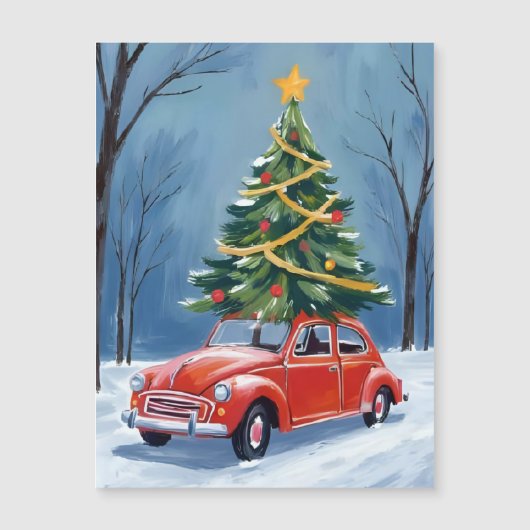 Antieke rode auto kerstboom magnetische kaart (Voorkant)