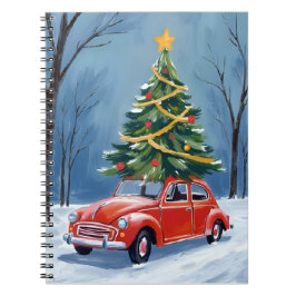 Antieke rode auto kerstboom notitieboek