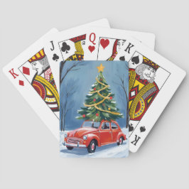 Antieke rode auto kerstboom pokerkaarten