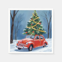 Antieke rode auto kerstboom vakantie servet