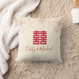 Antieke rode en beige Chinese bloemige trouw- Kussen