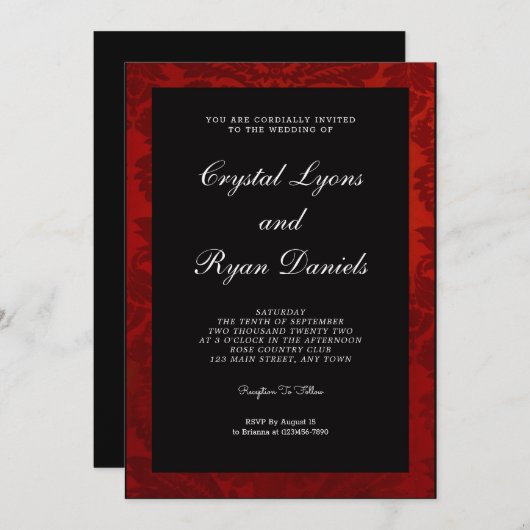 Antieke rode en zwarte trouwuitnodiging kaart (Voorkant / Achterkant)