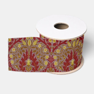 Antieke Rode Gouden William Morris Herfstbloemen Grosgrain Lint
