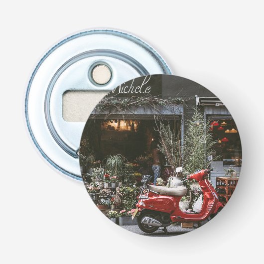 Antieke rode motorscooter button flesopener (Voorkant)