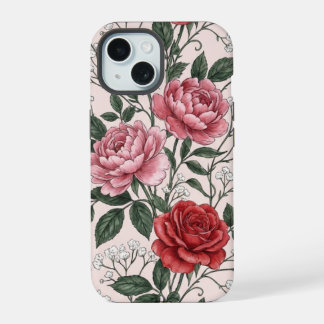 Antieke rode roos en roze pioen bloemige telefoonh iPhone 15 case