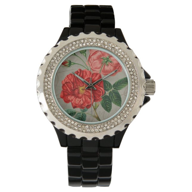 Antieke rode roos kunst op grijs horloge (Voorkant)