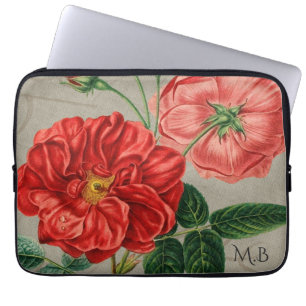 Antieke rode roos kunst op grijze monogram laptop sleeve