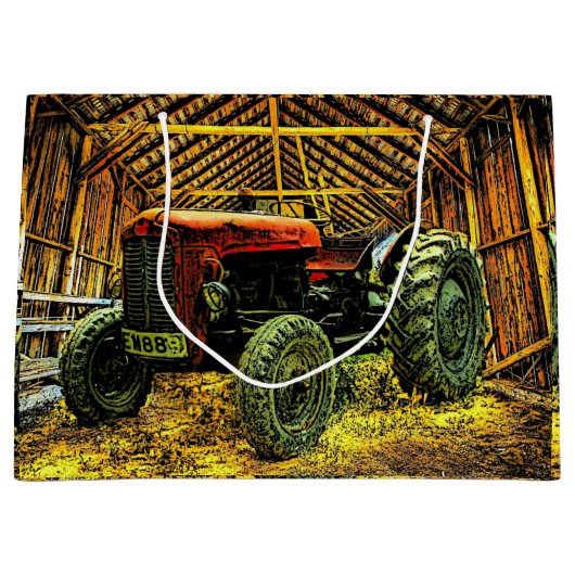 Antieke Rode Tractor Rustieke Schuur Groot Cadeauzakje (Voorkant)