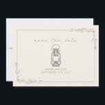 Antieke roestige lantaarn Amethyst bruiloft Save The Date<br><div class="desc">Amethyst grijze kleur illustratie van antieke olielamp met lijnkunst botanische rand.  Achtergrond is witachtig.</div>