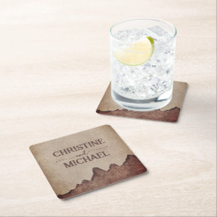 Antieke roestige papieren bruine bergen bruiloft kartonnen onderzetters