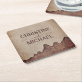 Antieke roestige papieren bruine bergen bruiloft kartonnen onderzetters (Schuin)