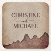 Antieke roestige papieren bruine bergen bruiloft kartonnen onderzetters (Voorkant)