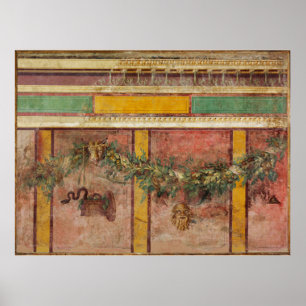 ANTIEKE ROMEINSE FRESCO,SATYR MASKEREN,KRANS,VRUCH POSTER