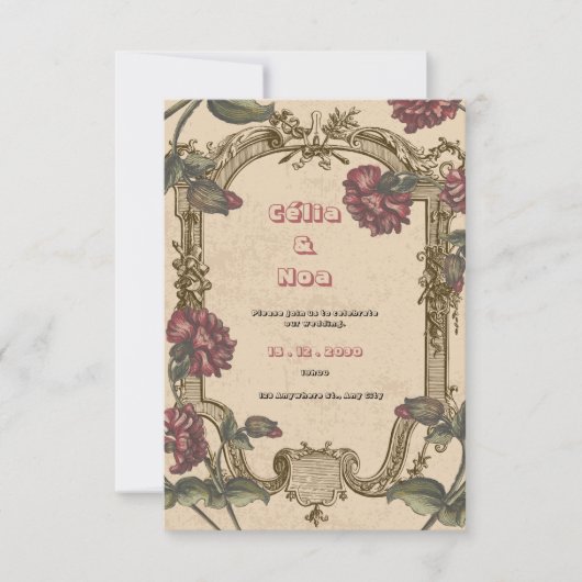 Antieke rood-wijnkleurige en beige trouwuitnodigin RSVP kaartje (Voorkant)