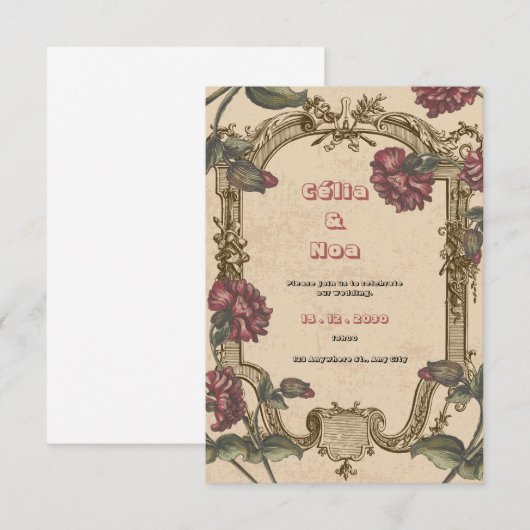 Antieke rood-wijnkleurige en beige trouwuitnodigin RSVP kaartje (Voorkant / Achterkant)