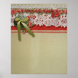 Antieke Roos Kant Rustieke Rode Victoriaanse Jute Poster