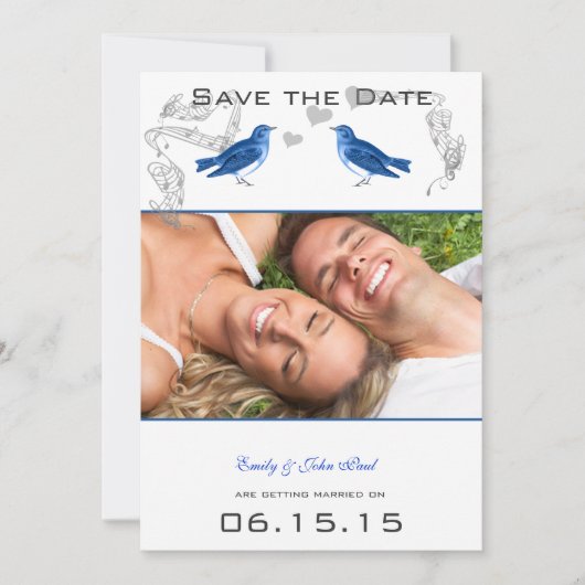 Antieke Royal Blue Vogels Trouw Save the Date (Voorkant)