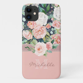 Antieke Roze Bloem Monogram Naam Case-Mate iPhone Case