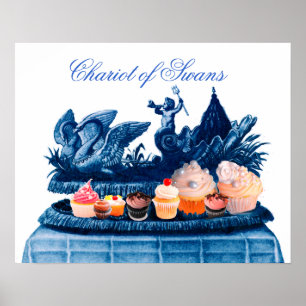 ANTIEKE ROZE KAR VAN ZWANEN EN CUPCAKES POSTER