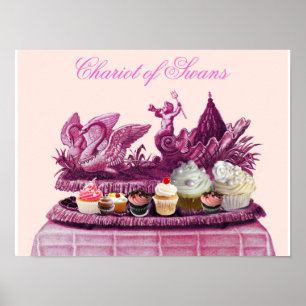 ANTIEKE ROZE KAROS VAN ZWANEN EN CUPCAKES POSTER