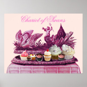 ANTIEKE ROZE KAROS VAN ZWANEN EN CUPCAKES POSTER