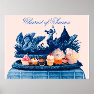 ANTIEKE ROZE KAROS VAN ZWANEN EN CUPCAKES POSTER