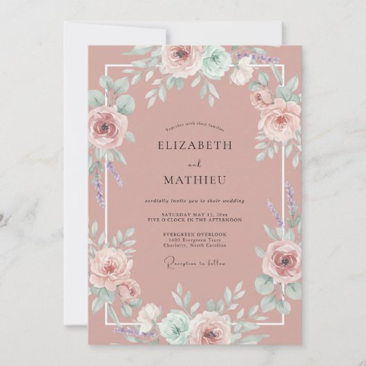 Antieke Roze Rozen Bruiloft Kaart (Voorkant)