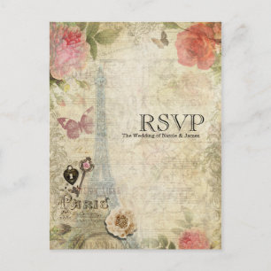 Antieke roze rozen slot & sleutel trouw-RSVP Parij Uitnodiging Briefkaart