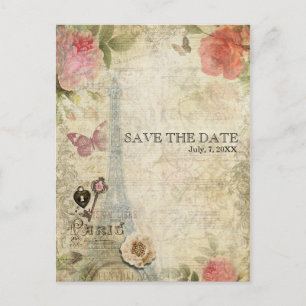 Antieke Roze Rozen Trouw SAVE THE DATE Parijs Aankondigingskaart