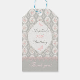 Antieke Roze Rozen Vlinder Kant Damast Cadeaulabel