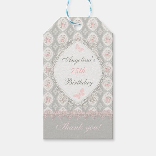 Antieke Roze Rozen Vlinder Kant Damast Cadeaulabel (Voorkant)