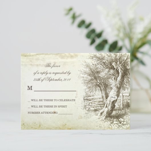 antieke rustieke boom oude papieren trouw RSVP-kaa RSVP Kaartje (Staand voorkant)