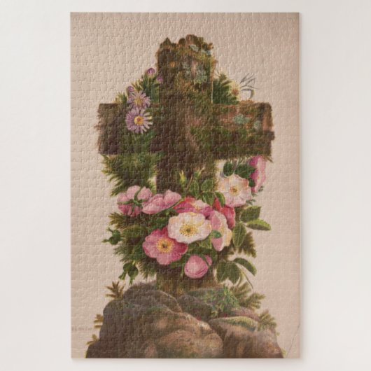 Antieke Rustieke Kruis, Wilde Rozen, Pasen Kaart, Legpuzzel (Verticaal)