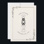 Antieke Rustieke Lantaarn Trouw Save The Date<br><div class="desc">Zwarte illustratie van antieke olielantaarn met lijnkunst botanische rand.  Achtergrond is witachtig.</div>
