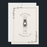 Antieke Rustieke Lantaarn Trouw Save The Date<br><div class="desc">Zwarte illustratie van antieke olielantaarn met lijnkunst botanische rand.  Achtergrond is witachtig.</div>