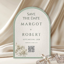 Antieke saliegroene kanten boog Save the Date QR-c Kaart