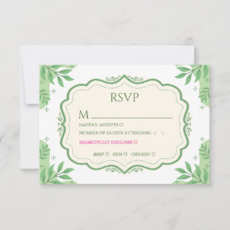 Antieke saliegroene RSVP-kaart met maaltijdkeuze RSVP Kaartje