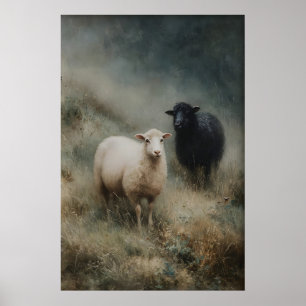 Antieke schapenprint, Zwarte schapen boerderij Poster