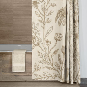 Antieke Sepia Botanische Lijn Kunst Bloemmotief Douchegordijn