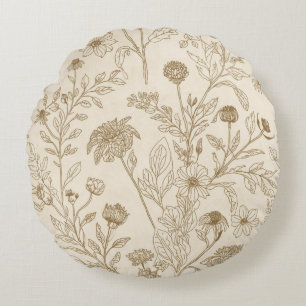 Antieke Sepia Botanische Lijnkunst Bloempatroon Rond Kussen