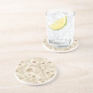 Antieke Sepia Botanische Lijnkunst Bloempatroon Zandsteen Onderzetter