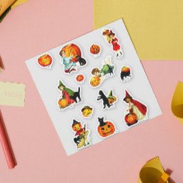 Antieke Set van Heksenkat Pompoen Halloween Sticker