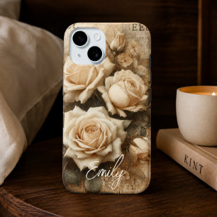 Antieke Shabby Chic Crème Roos Collage Aangepaste iPhone 15 Case
