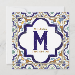 Antieke Siertegels met Botanisch Motief Monogram Notitiekaartje