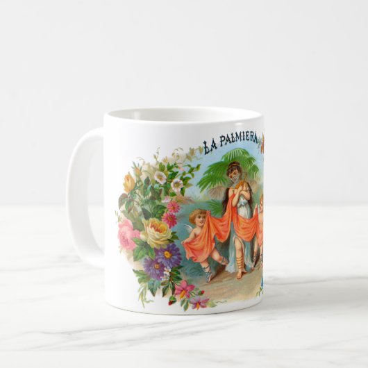 Antieke Sigarettenlabel La Palmiera, Vrouw met Eng Koffiemok (Voorkant links)