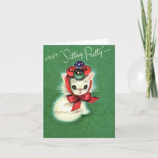 Antieke "Sitting Pretty" Kerstkat Kaart (Voorkant)