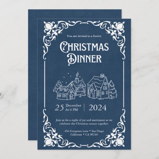 Antieke sjabloon voor kerstdiners in blauw en wit (Voorkant / Achterkant)