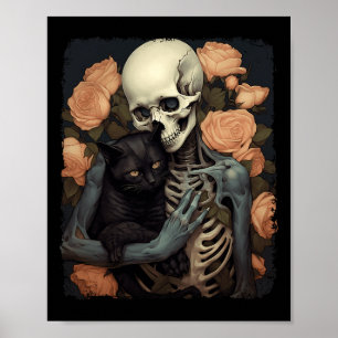 Antieke skelet die een zwarte kat Halloween vastho Poster