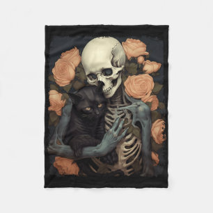 Antieke skelet houdt een zwarte kat Halloween gekr Fleece Deken